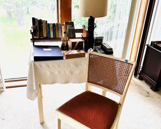 Side Table w/Caned Chair, Book Rack, Vintage Scope, Wood Lamp, Boxes