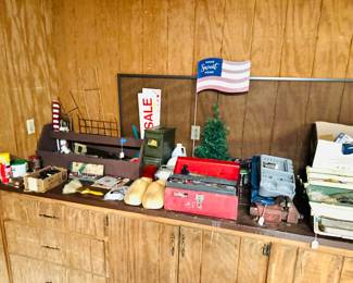 Garage Items, Tool Boxes, Tools(Lower Cabinets are Full), Tackle Box, Vice