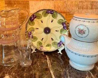 HA113Mt Vernon Coffee Pot And Vintage Blown Glass Pitcher And Prussia Plate
