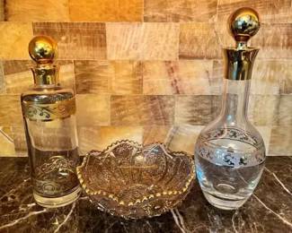 HA108Vintage Liquor Decanters And Gold Gilt Crystal Bowl