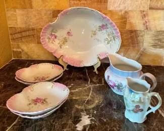 HA140Vintage Hand painted Floral Plates And Pitcher