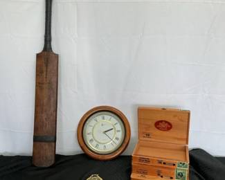 Cigar Boxes, Clock, Horse Medallion Cricket Bat