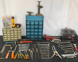 Mason Anvil, Dunlap Screw Jack, Wrenches, Battery Charger