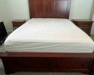 M38 - $175. Queen Size Bed with 2 storage drawers. Includes Mlily Vitality mattress. No boxspring needed. Headboard is 67.5" wide. Frame is 62".