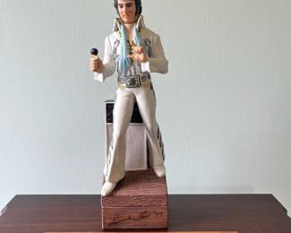 M8 - $20. Elvis Decanter (empty) Music Box. Measures 5" x 4" x 15" tall.