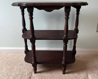 M6 - $30. Solid Wood 3 Shelf Display. Measures 22" wide x 11" deep x 22.5" tall.