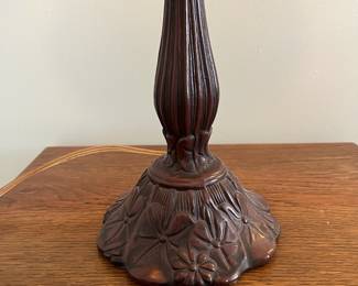 M35 - $40. Table Lamp with Painted Glass Shade. Tiffany Style with Pansy Design. Measures 18.5" tall.