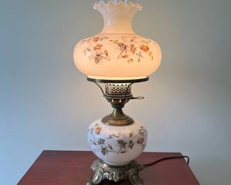 M20 - $60. Vintage Hurricane Gone With The Wind Style Lamp. Measures about 9" wide x 22.5" tall.