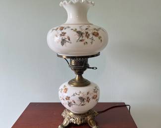 M20 - $60. Vintage Hurricane Gone With The Wind Style Lamp. Measures about 9" wide x 22.5" tall.