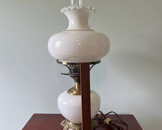 M20 - $60. Vintage Hurricane Gone With The Wind Style Lamp. Measures about 9" wide x 22.5" tall.