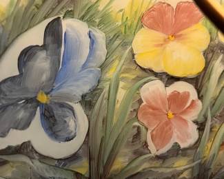 M35 - $40. Table Lamp with Painted Glass Shade. Tiffany Style with Pansy Design. Measures 18.5" tall.