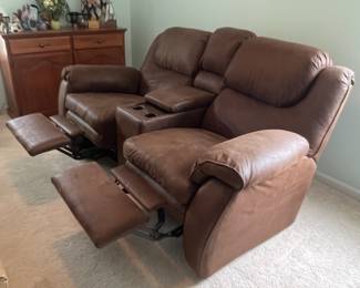 M11 - $175. 2 Seat Reclining Loveseat. Has drink holders & storage between seats. Measures 78.5" wide x 41" deep x 41" tall.