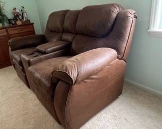 M11 - $175. 2 Seat Reclining Loveseat. Has drink holders & storage between seats. Measures 78.5" wide x 41" deep x 41" tall.