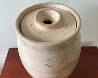M18 - $30. #2 Pottery Crock with Butter Churn Top (has hole in the lid). No chips, cracks etc noted.