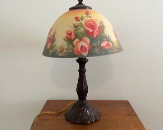 M36 - $40. Tiffany Style Table Lamp with painted rose glass shade. Measures 18.5" tall.