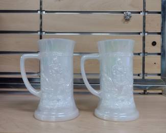 Set of matching opalescent milk glass Oktoberfest style beer steins