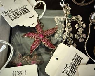 Weiss Starfish Brooch Set, Sterling Cross Pendant 