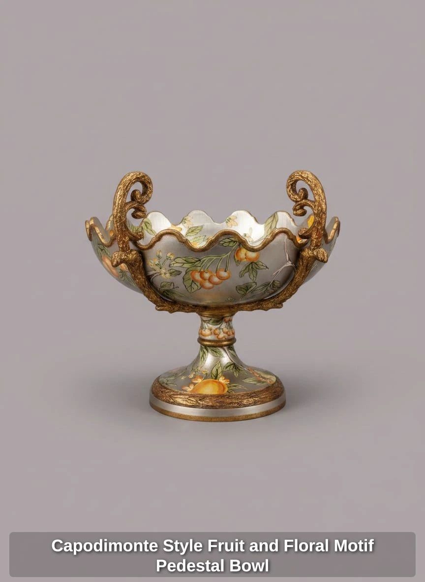 Capodimonte Style Fruit and Floral Motif Pedestal Bowl