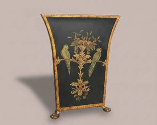 Chinoiserie Black Lacquered Planter with HandPainted Parrots and Gold Accents