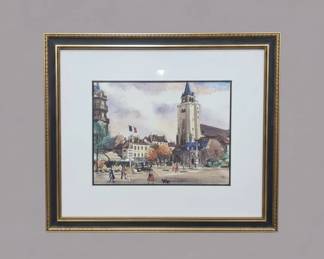 Framed Watercolor Painting of European Scene and Botanical Illustration of a Red Poppy
