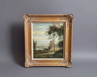 Landscape Oil Painting in Ornate Gilt Frame, possibly Barbizon School