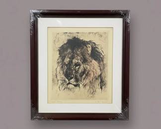 Original Etching of a Lion by Trowbridge