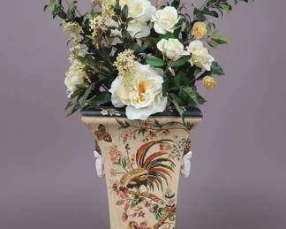 Wong Lee Hand Painted Porcelain Vase with Faux Floral Arrangement