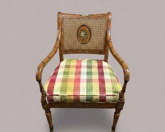 Vintage HandPainted Cane Back Armchair with Plaid Upholstery