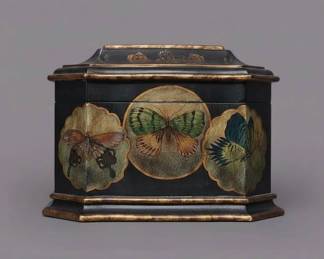 Vintage Black Lacquer Box with HandPainted Butterflies and Gold Trim