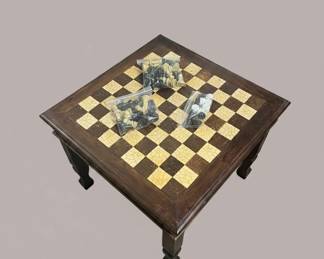 Vintage Wooden Chess and Checkers Accent Table with Pieces
