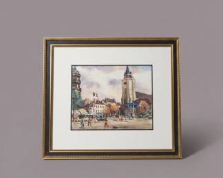Framed Watercolor of a French Town Square