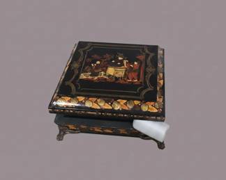 Black Lacquer Marquetry Box with Figural Scene