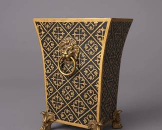 Black and Gold Tole Cachepot Planter with Lion Head Pull