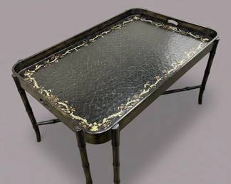 Chinoiserie Black Lacquer Tray Table with BambooStyle Legs