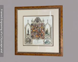 Framed Engraving of a Cityscape and Botanical Print