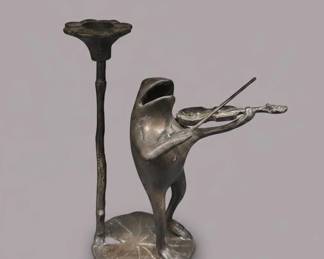 Bronze Frog Playing Violin Candlestick Holder