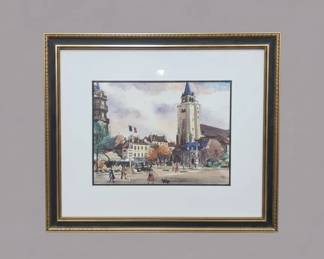Framed Watercolor Painting of European Scene and Botanical Illustration of a Red Poppy