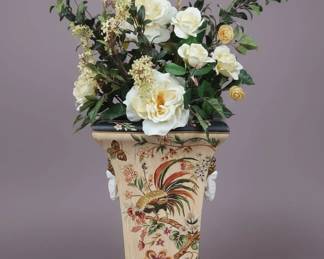 Wong Lee Hand Painted Porcelain Vase with Faux Floral Arrangement