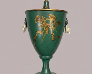Green Toleware Urn with Floral and Trumpet Motif