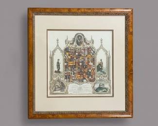 Framed Engraving of a Cityscape with Coats of Arms