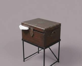 Antique Wooden Box with Metal Accents on Stand