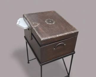 Antique Wooden Box with Metal Accents on Metal Stand