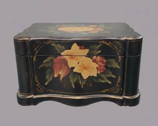 Vintage Black Lacquered Jewelry Box with HandPainted Floral Motif