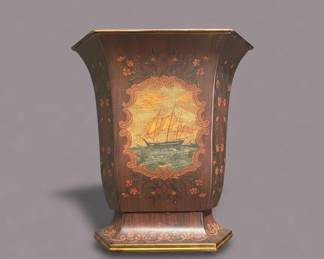 Vintage HandPainted Toleware Planter with Ship Scene second image