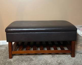Dark Faux Leather Storage Bench with Wooden Slat Shelf