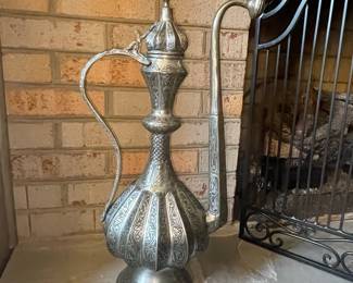 Ornate Metal Dallah Coffee Pot with Repoussé Work
