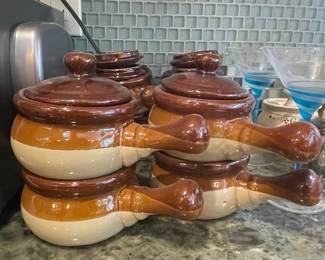 Brown and Cream Drip Glaze Stoneware Soup Crocks with Lids