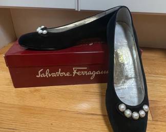 Salvatore Ferragamo Black Suede Pearl Embellished Ballet Flats