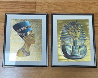 Framed Egyptian Papyrus Paintings: Tutankhamun's Mask and Queen Ankhesenamun