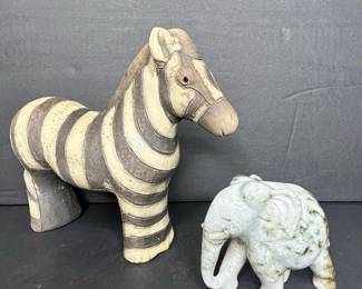 Zebra Figurine and Carved Stone Elephant